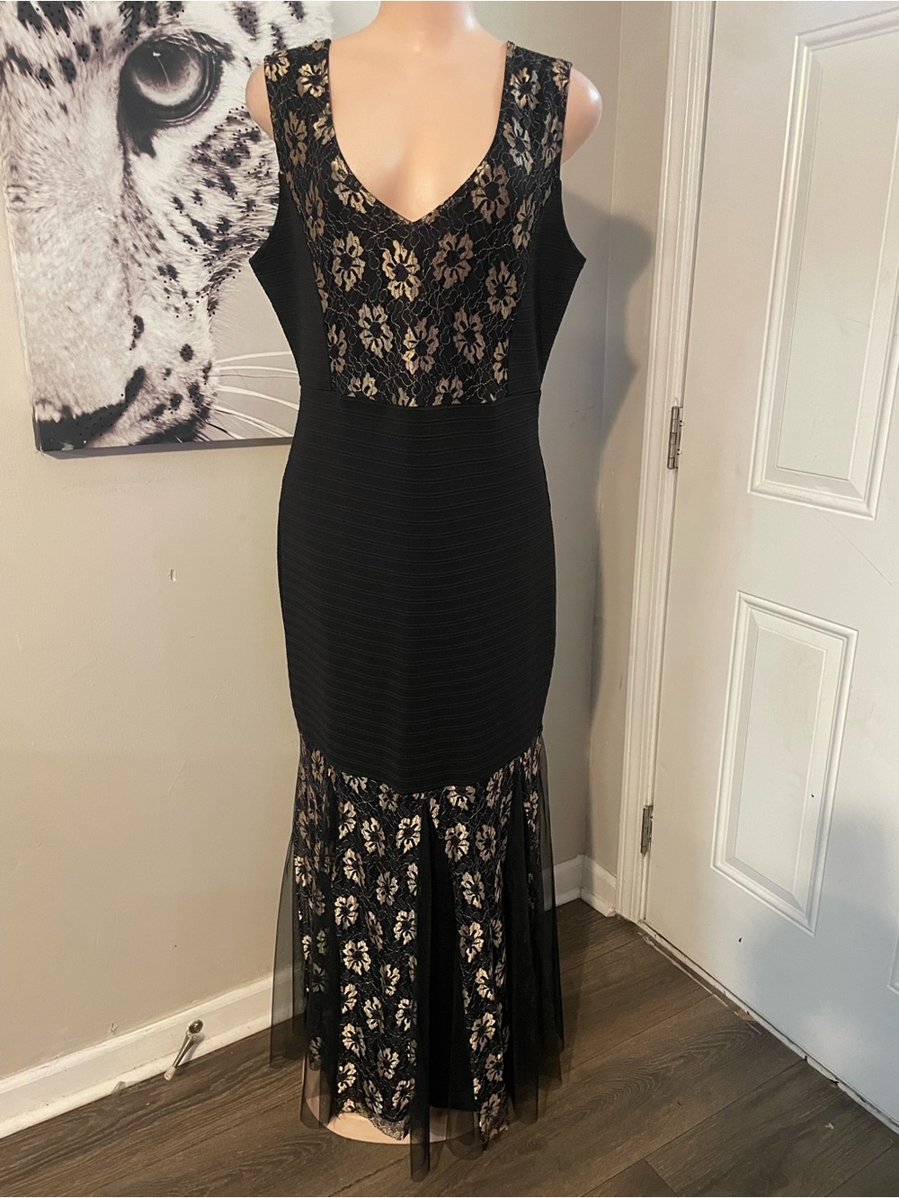 Vintage Candolite Black gold lace overlay evening gown dress trumpet mermaid hem